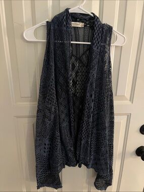Ana-Kaci Navy Crochet Openfront Vest Sweater